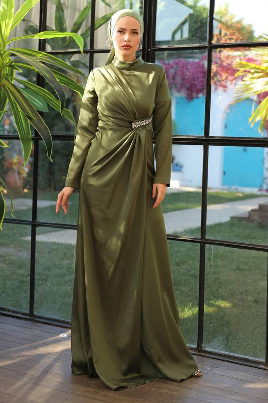 OIL GREEN EVENING DRESS   OIL GREEN EVENING DRESS