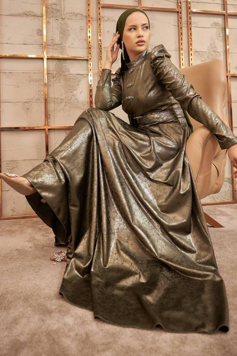 OIL GREEN EVENING DRESS   OIL GREEN EVENING DRESS