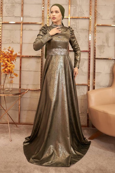 OIL GREEN EVENING DRESS  
