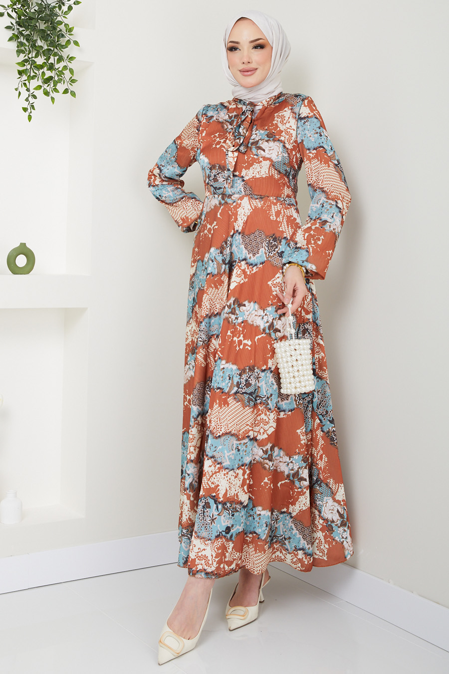 PATTERNED BRICK COLOR DRESS