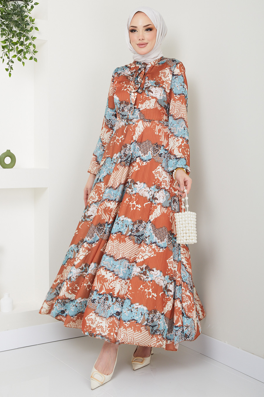 PATTERNED BRICK COLOR DRESS