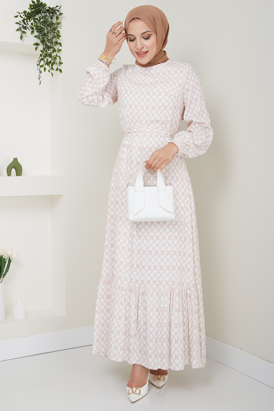 FLOWER PATTERNED MUSTARD DRESS