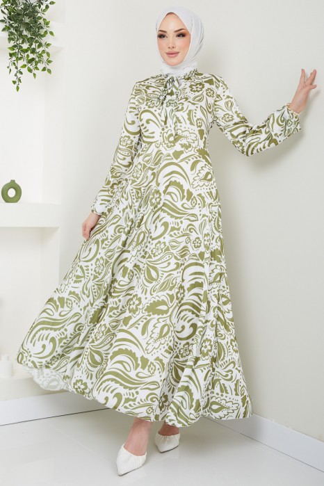 PATTERNED OIL GREEN  DRESS