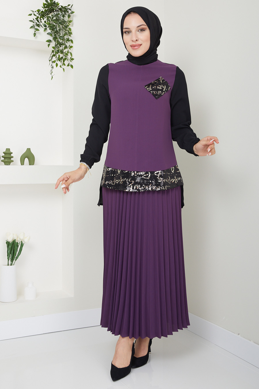 PURPLE TUNIC AND SKIRT SUIT