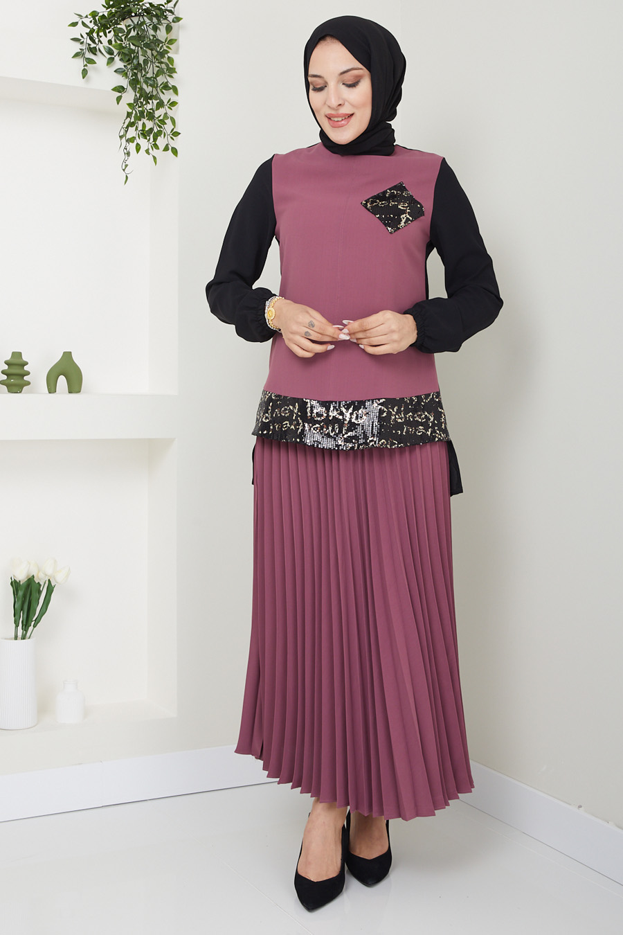 ROSE COLOR TUNIC AND SKIRT SUIT