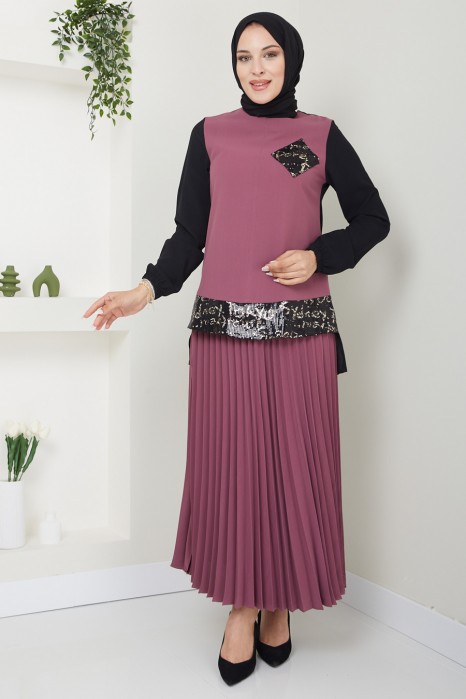 ROSE COLOR TUNIC AND SKIRT SUIT