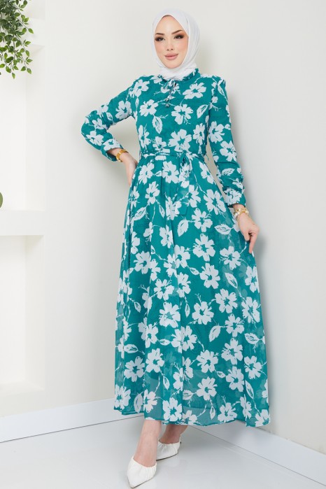 FLOWER PATTERNED GREEN DRESS 
