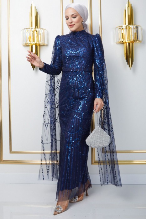  Sequin Evening Dress Navy Blue