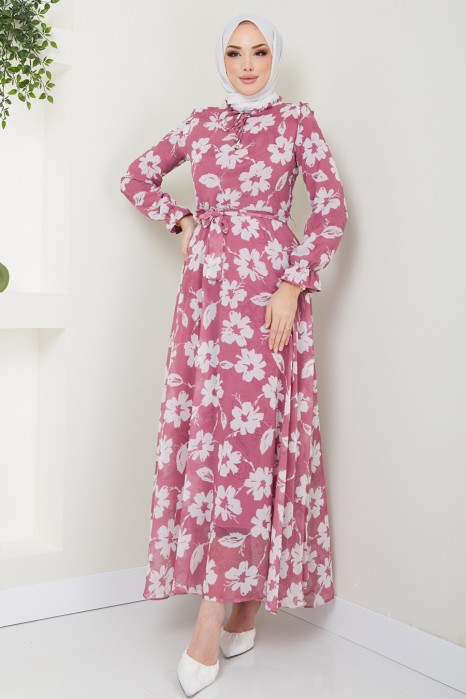 FLOWER PATTERNED ROSE COLOR DRESS 