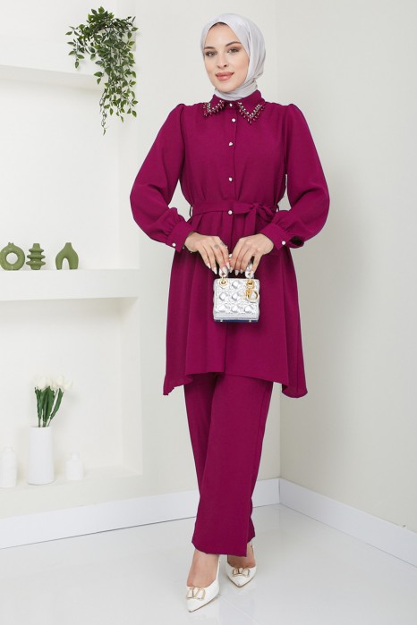 CHERRY COLOR PANT AND TUNIC SUIT