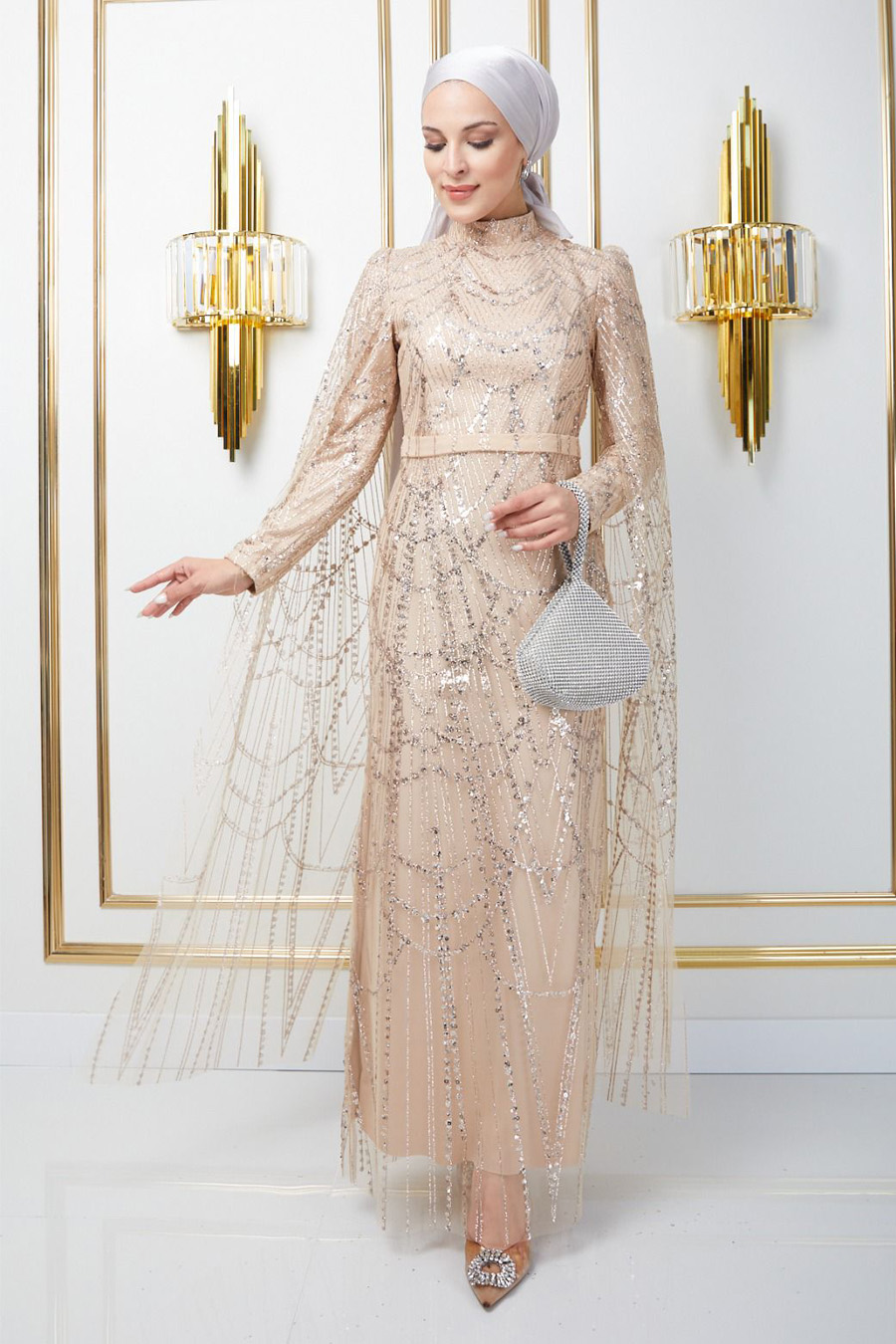 Sequin Evening Dress Beige Sequin Evening Dress Beige