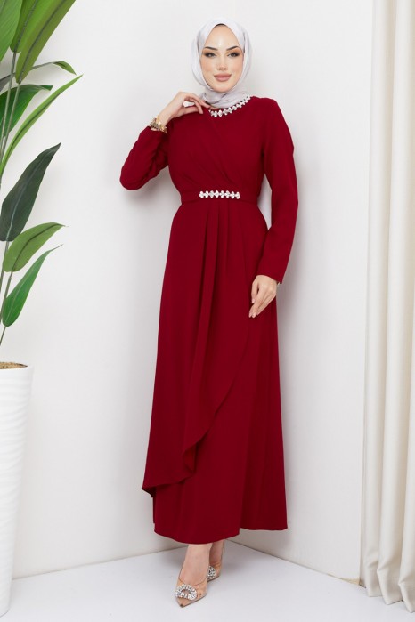 STONE DETAILED EVENING DRESS  CLARED RED