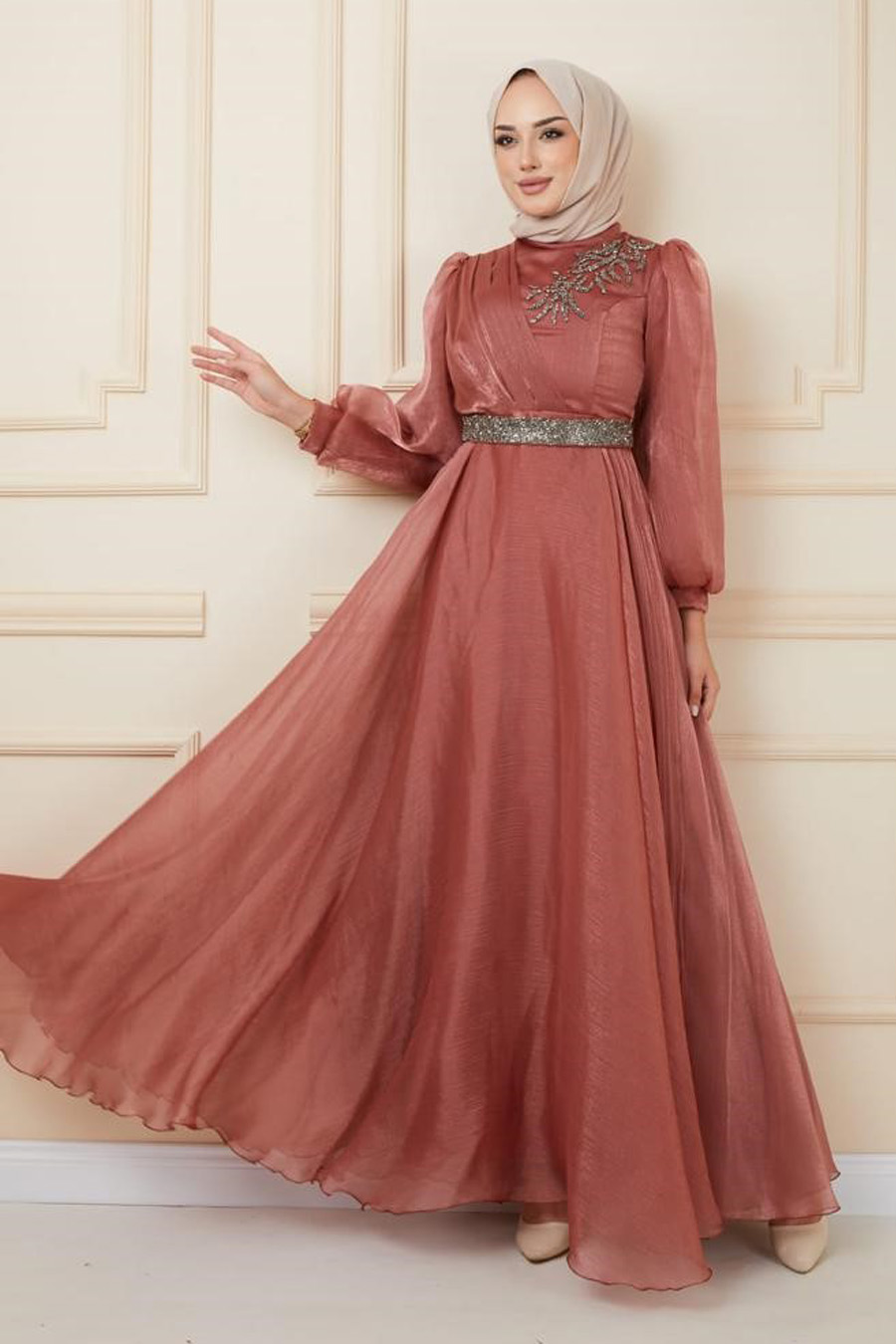 BRICK COLOR EVENING DRESS  