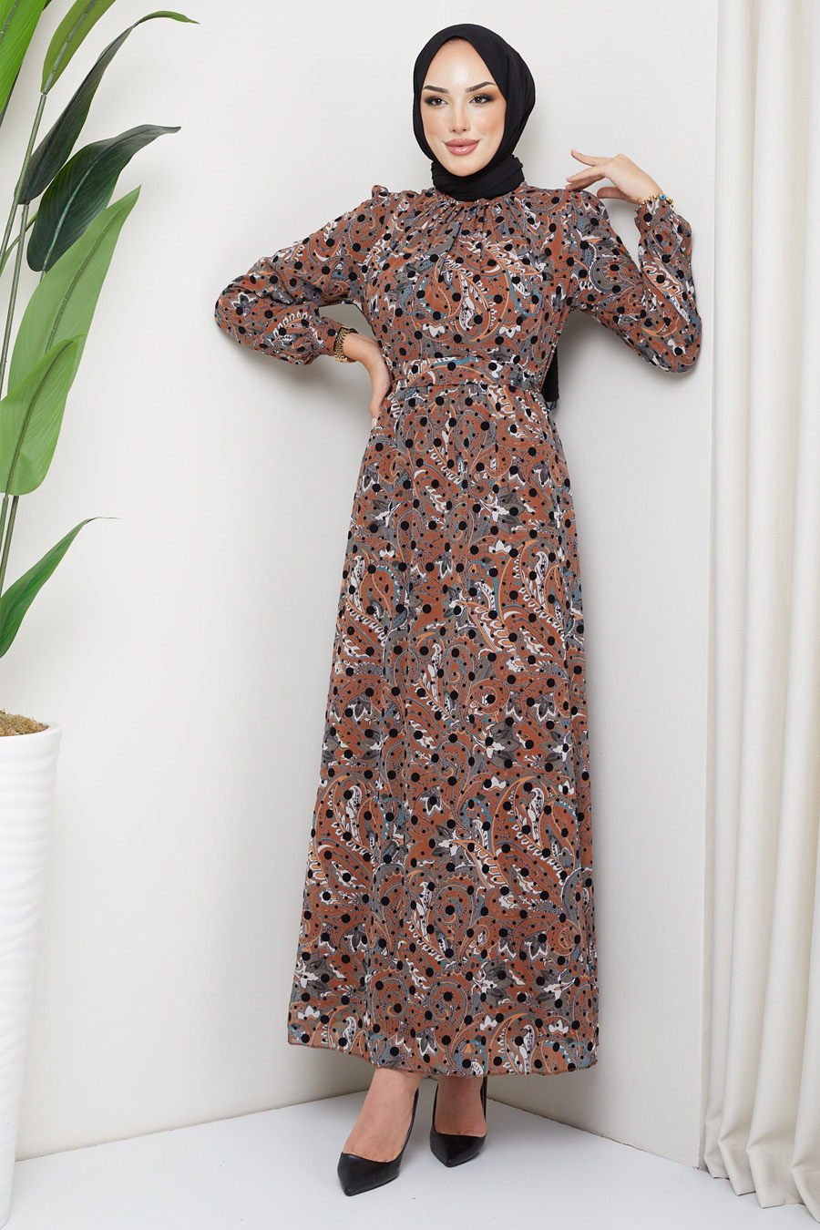 BRICK COLOR PATTERNED DRESS 