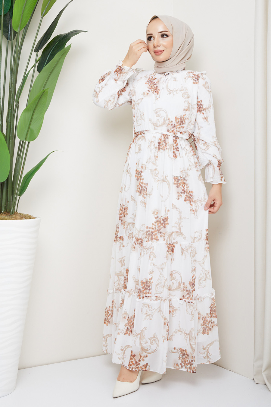 BROWN PATTERNED ECRU  DRESS