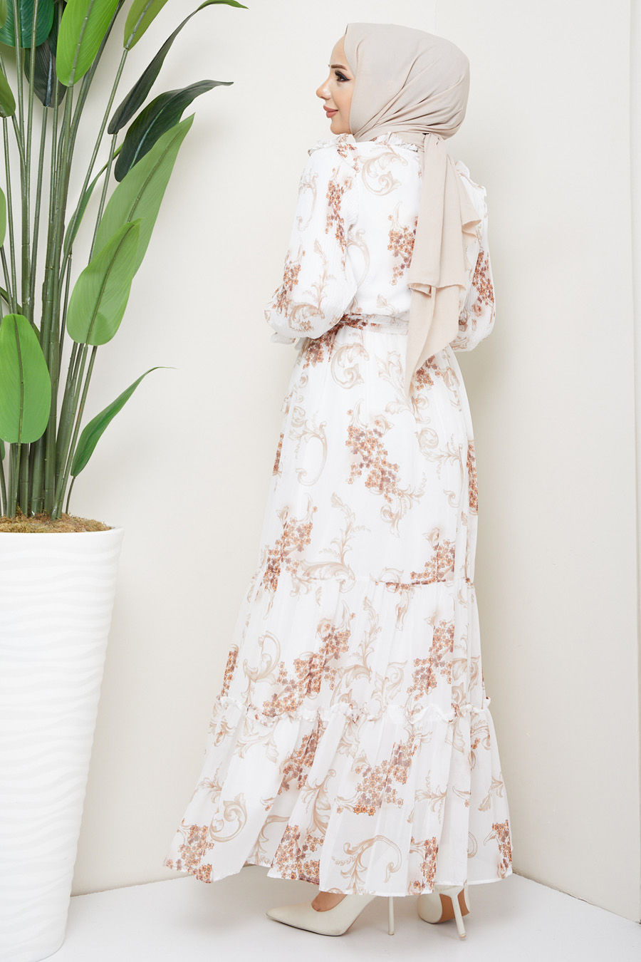 BROWN PATTERNED ECRU  DRESS