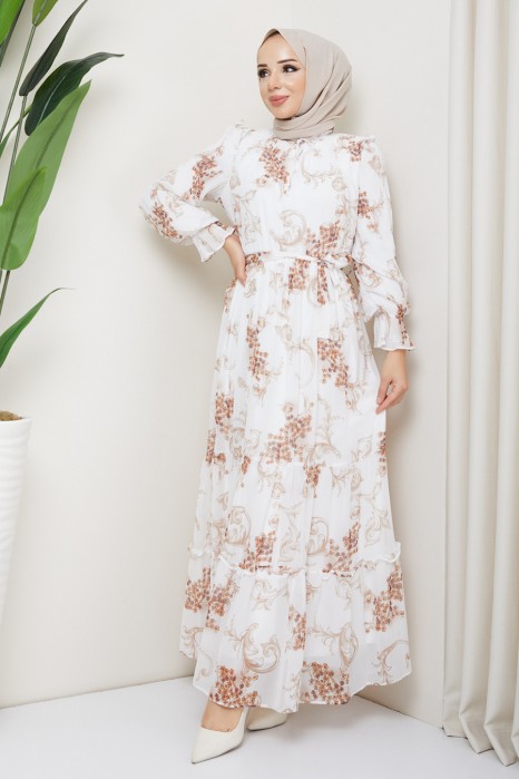 BROWN PATTERNED ECRU  DRESS