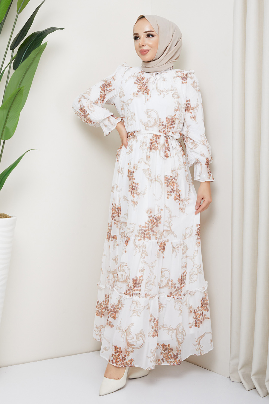 BROWN PATTERNED ECRU  DRESS