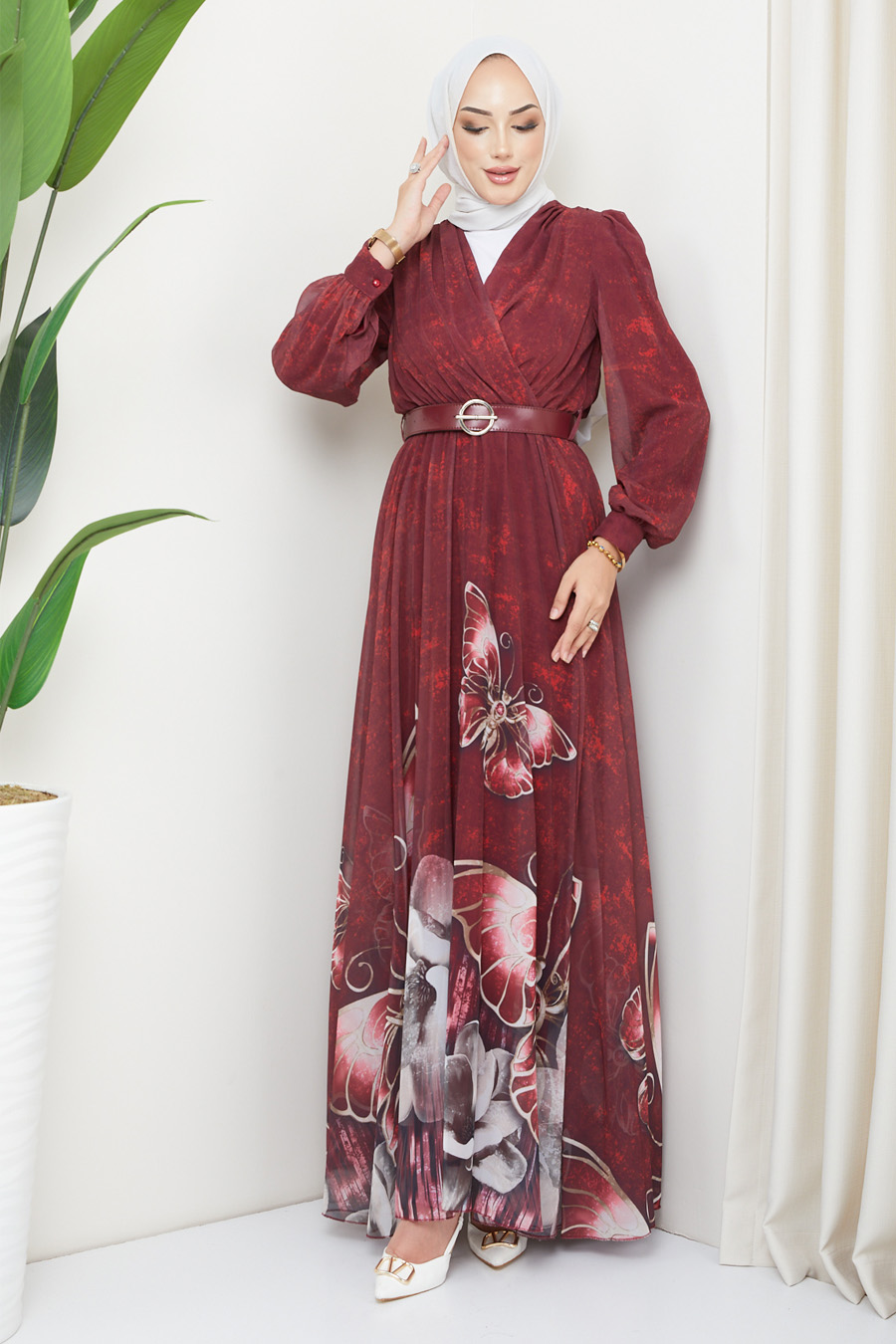 BUTTERFLY PATTERNED CLARED RED  DRESS