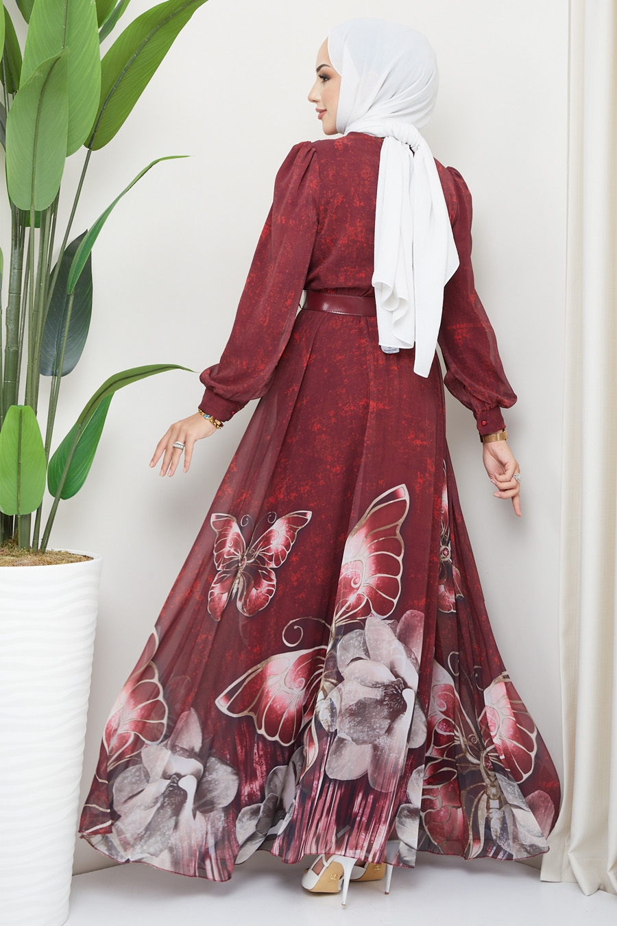 BUTTERFLY PATTERNED CLARED RED  DRESS