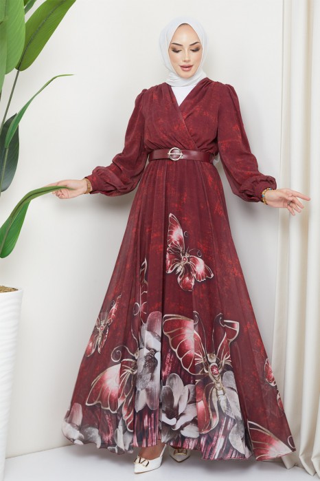 BUTTERFLY PATTERNED CLARED RED  DRESS