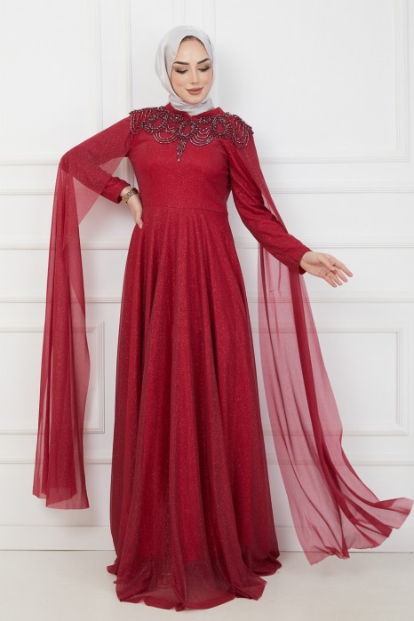 CLARET RED EVENING DRESS  