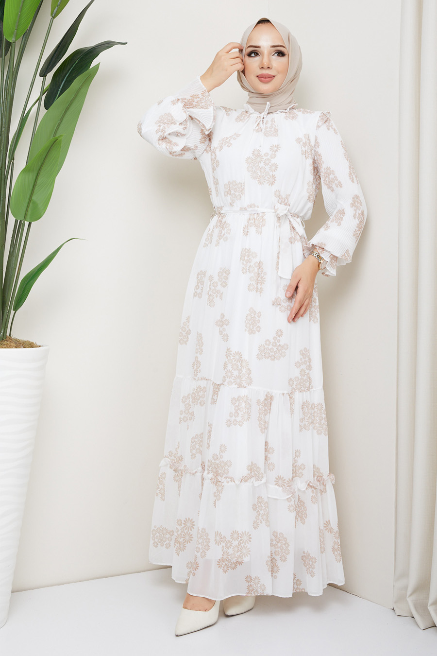 DAISY PATTERNED DRESS - BEIGE DAISY PATTERNED DRESS - BEIGE