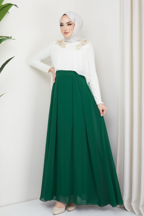 ECRU / GREEN EVENING DRESS  