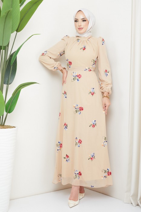 FLOWER  PATTERNED BEIGE  DRESS  
