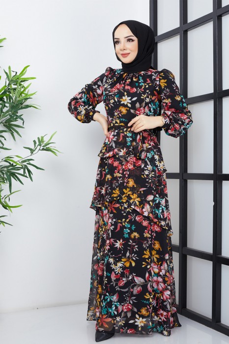 FLOWER PATTERNED BLACK DRESS