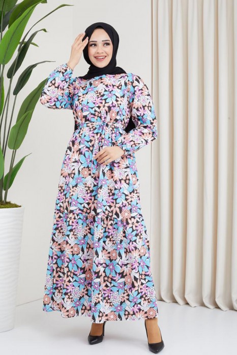 FLOWER PATTERNED BLUE DRESS