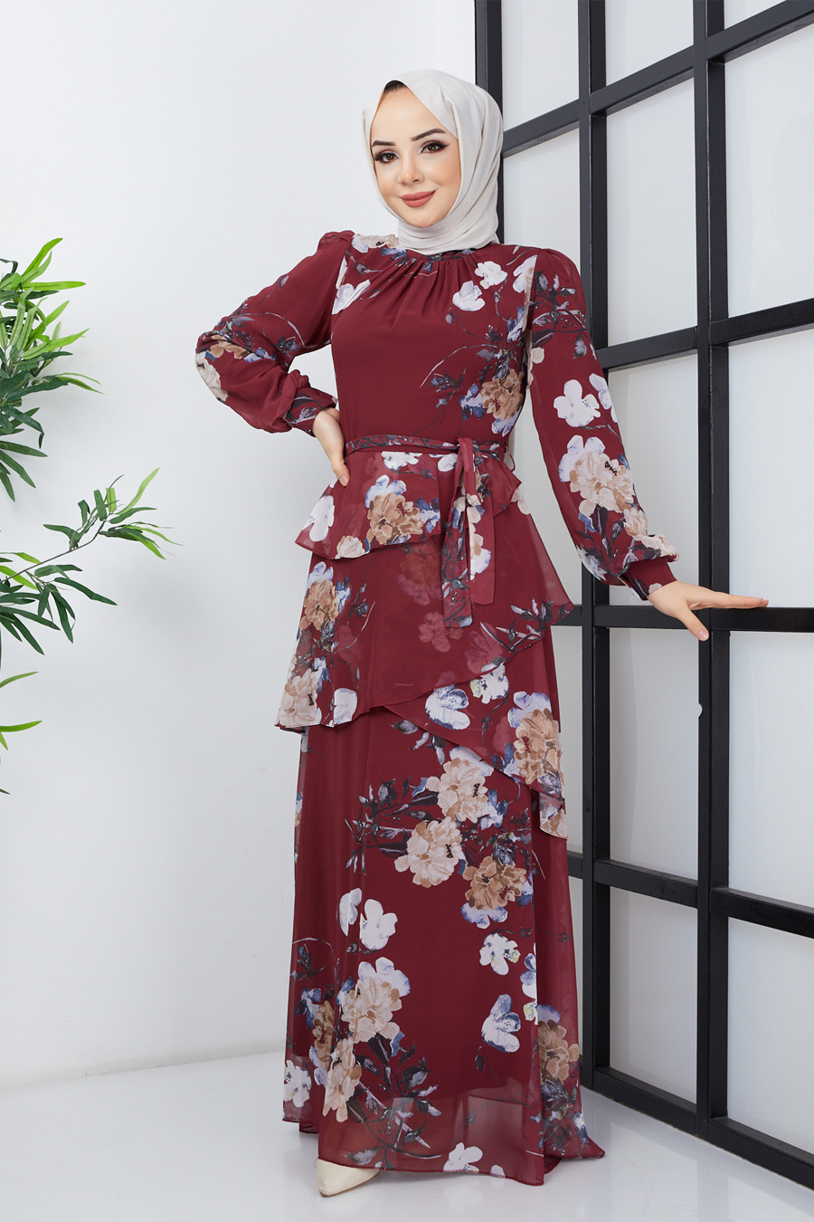 FLOWER PATTERNED CLARET RED DRESS