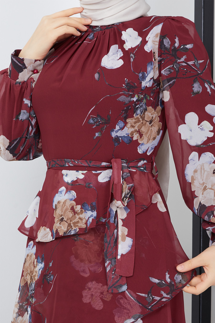 FLOWER PATTERNED CLARET RED DRESS