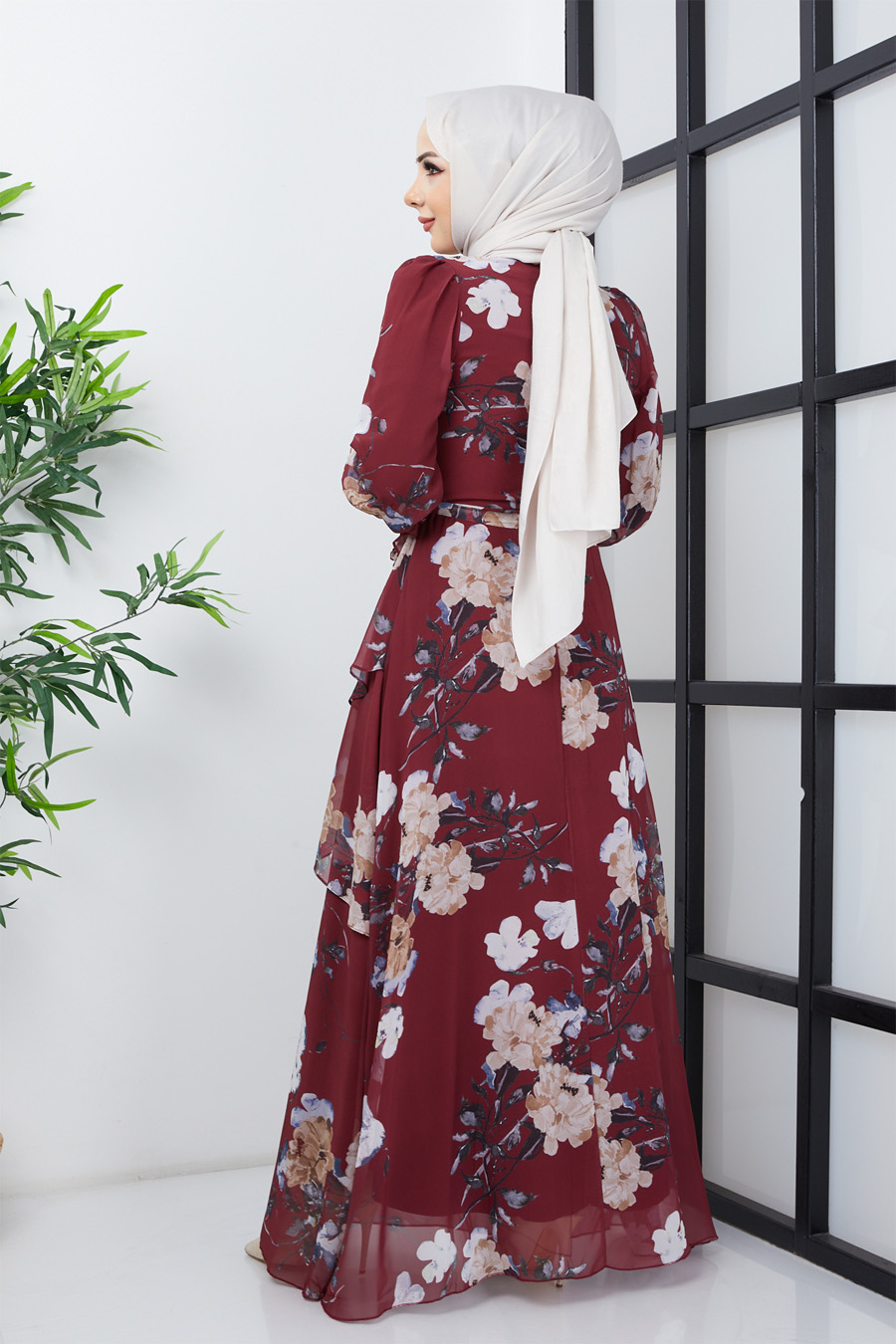 FLOWER PATTERNED CLARET RED DRESS