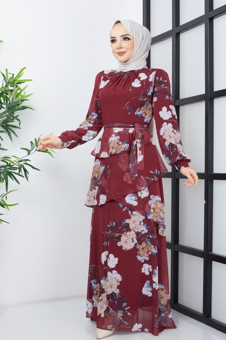 FLOWER PATTERNED CLARET RED DRESS