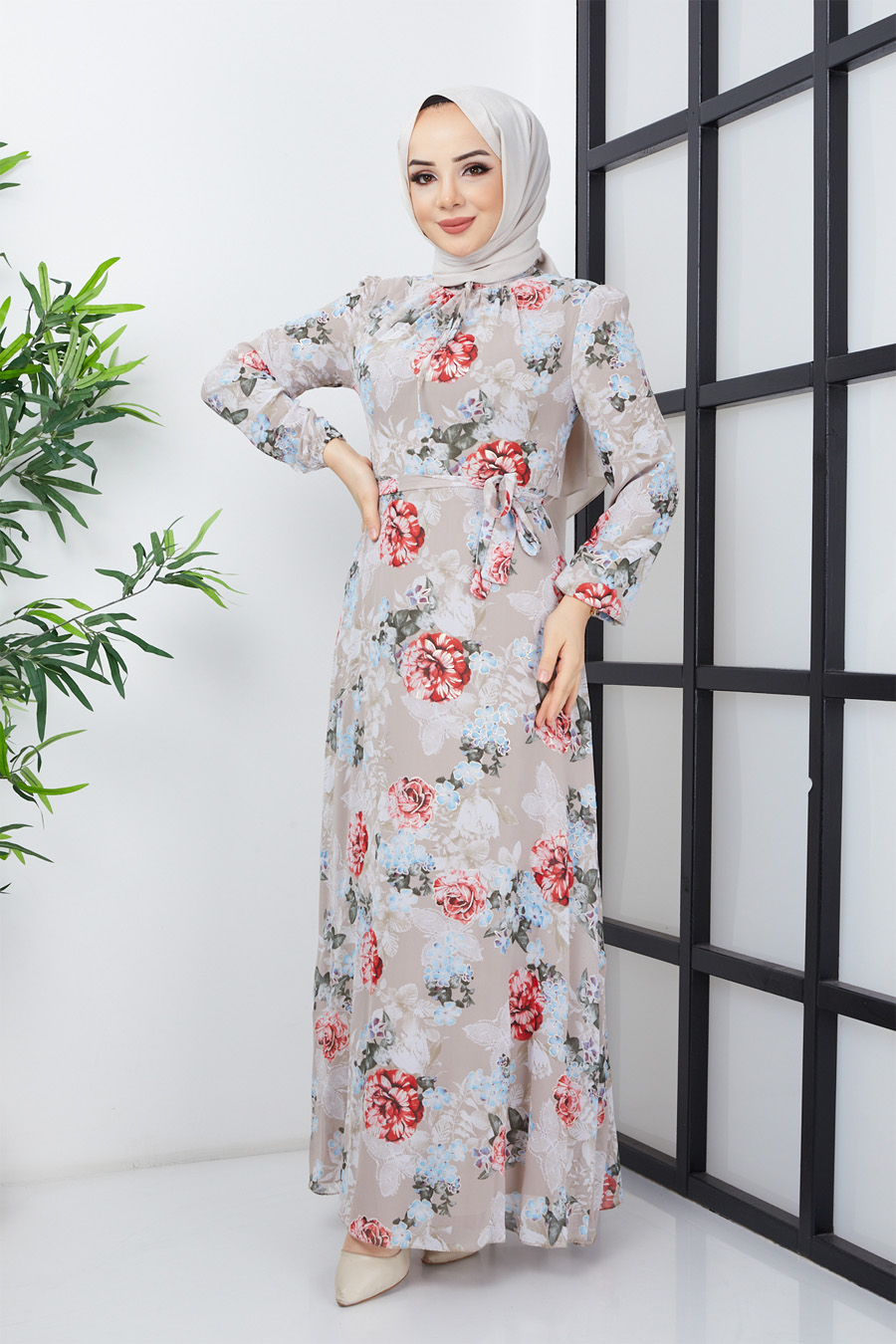 FLOWER PATTERNED ECRU DRESS