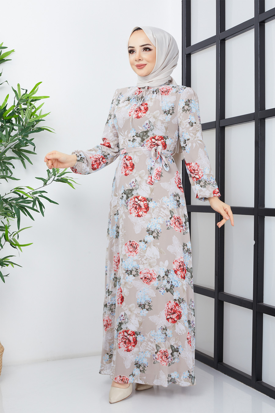 FLOWER PATTERNED ECRU DRESS