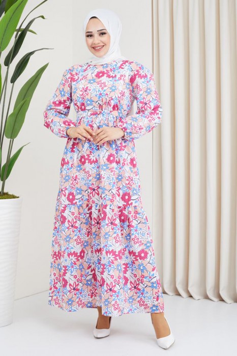 FLOWER PATTERNED FUSCHIA DRESS