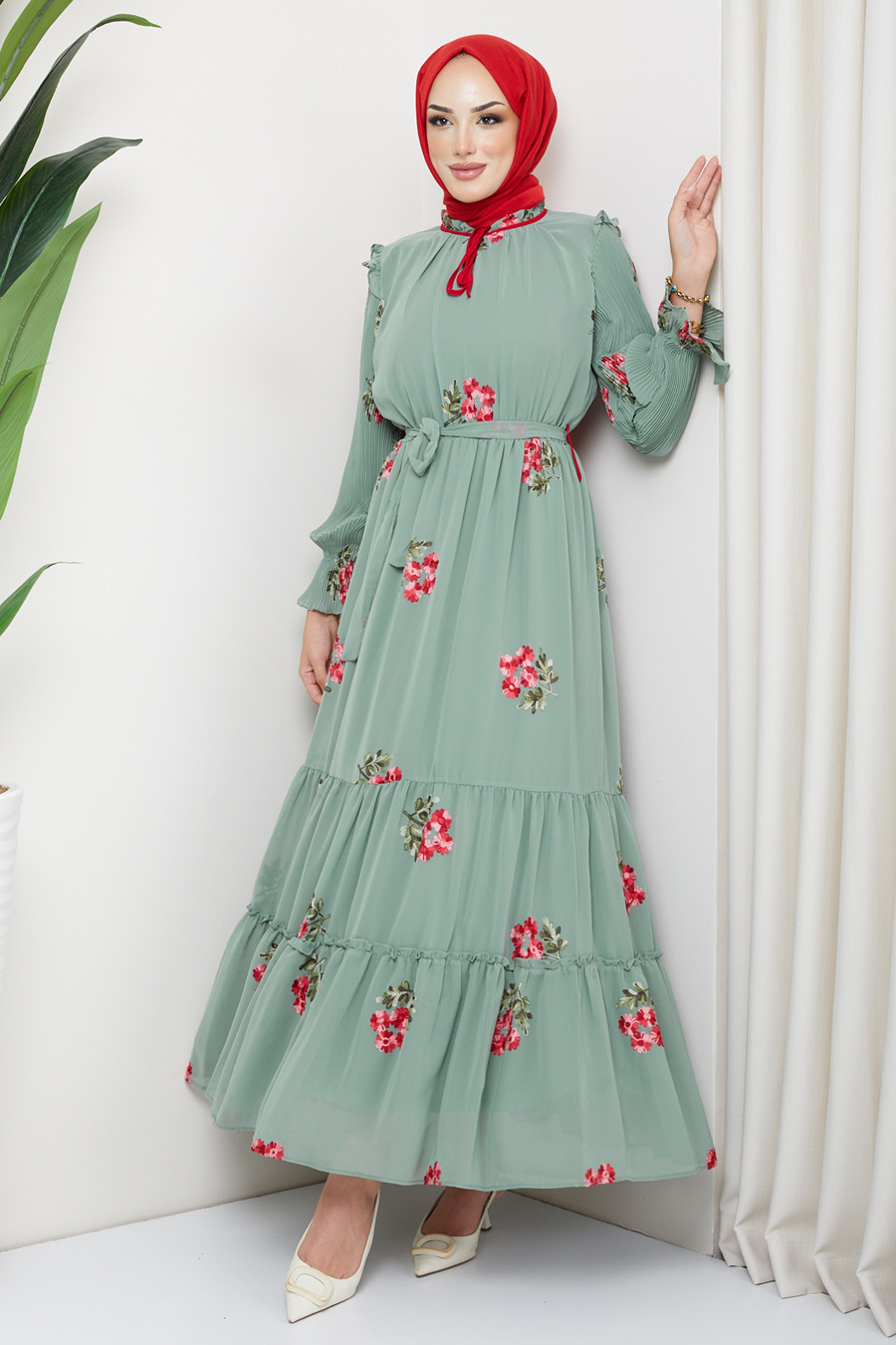 GREEN   -FLOWER PATTERNED DRESS