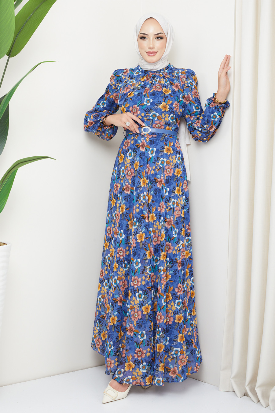 FLOWER  PATTERNED INDIGO COLOR  DRESS  