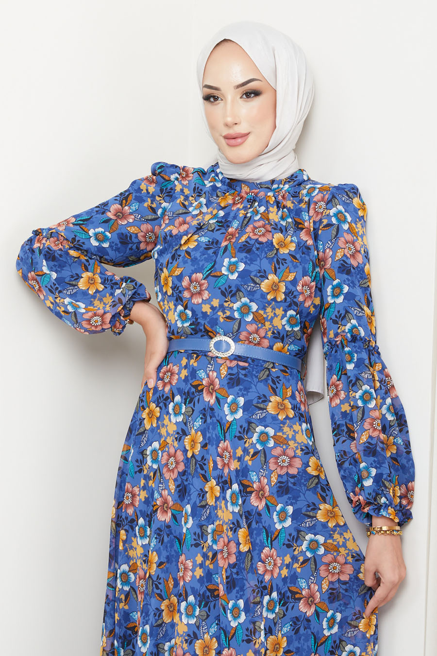 FLOWER  PATTERNED INDIGO COLOR  DRESS  
