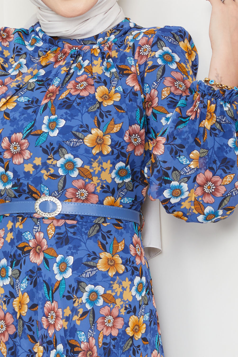 FLOWER  PATTERNED INDIGO COLOR  DRESS  