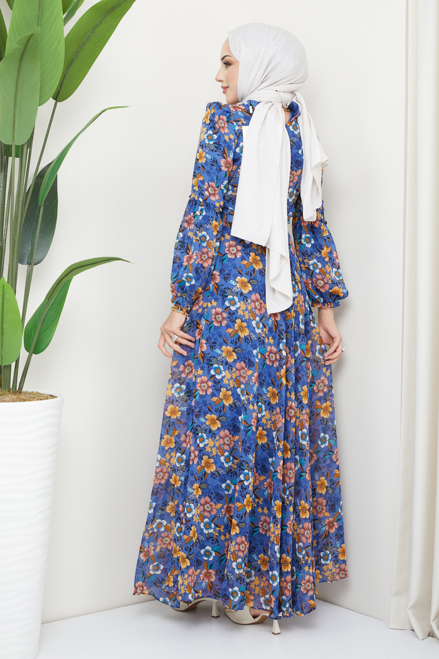 FLOWER  PATTERNED INDIGO COLOR  DRESS  