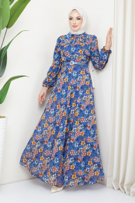 FLOWER  PATTERNED INDIGO COLOR  DRESS  