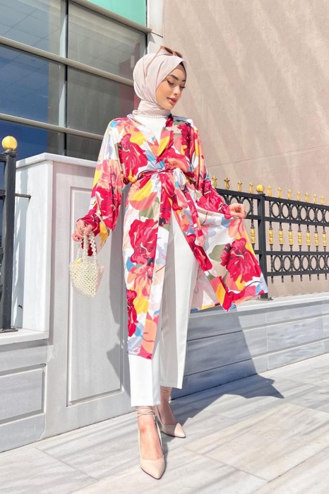 PATTERNED ROSE COLOR KIMONO 