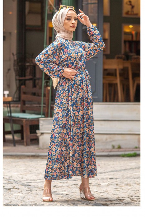 PATTERNED NAVY BLUE DRESS