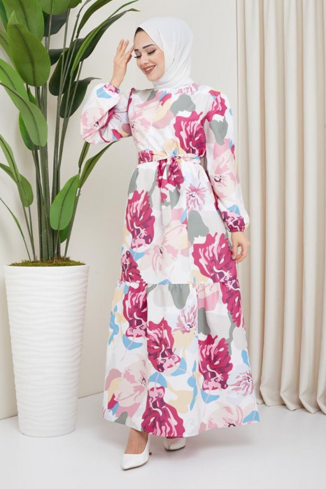 FLOWER PATTERNED PINK DRESS