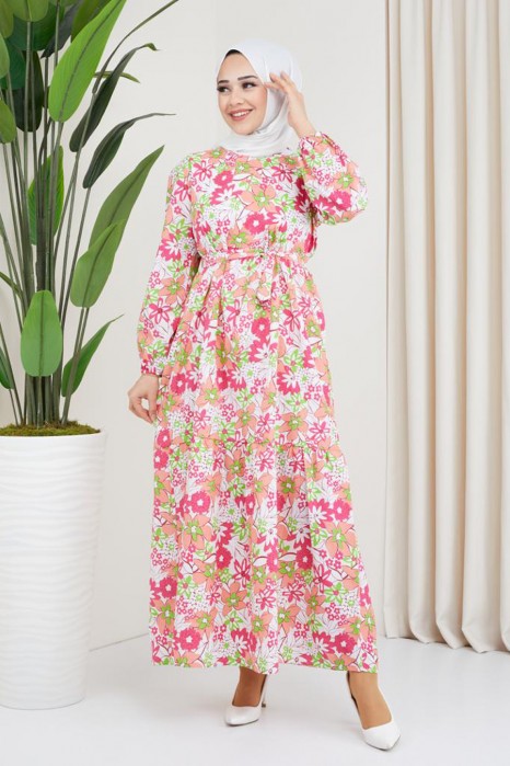 FLOWER PATTERNED PINK DRESS