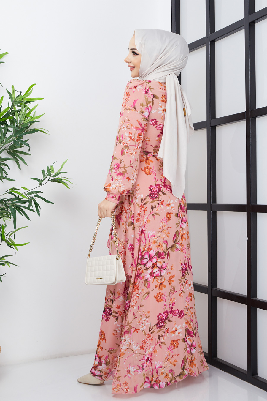 FLOWER PATTERNED POWDER PINK DRESS