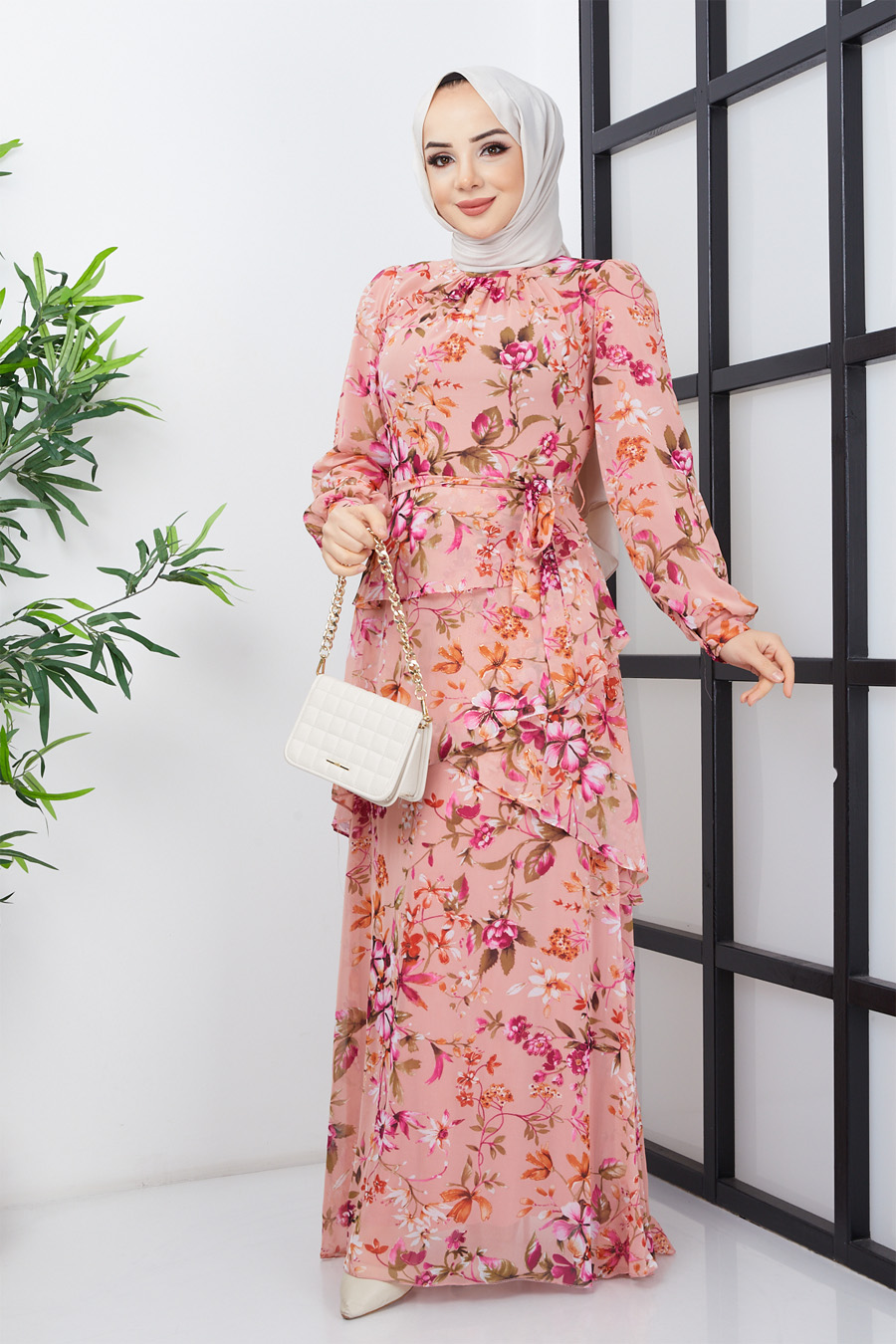 FLOWER PATTERNED POWDER PINK DRESS